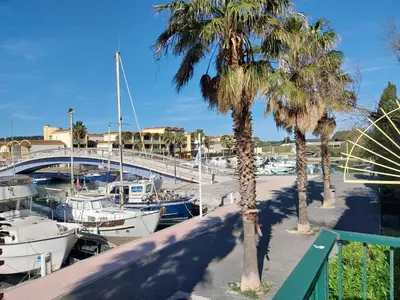 a group of boats parked in a marina with palm trees at Le Quai401 YourHostHelper in Gruissan