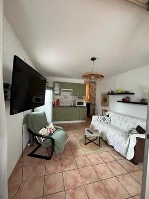 a living room with a couch and a flat screen tv at T2 cabine relooké avec piscine idéalement situé in Gruissan