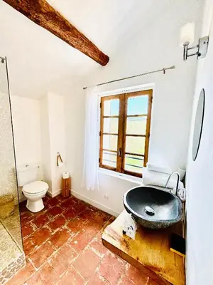 a bathroom with a sink and a toilet and a window at Demeure Charmante avec Piscine privée au coeur des Vignes in Quarante