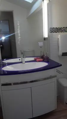 a bathroom with a sink with a purple counter top at Agréable maison de vacances in Port-la-Nouvelle