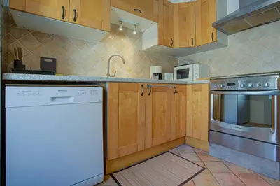 a kitchen with wooden cabinets and a white dishwasher at L'Oustalet - Single-family home with terrace Oustalet in Ferrals-lès-Corbières