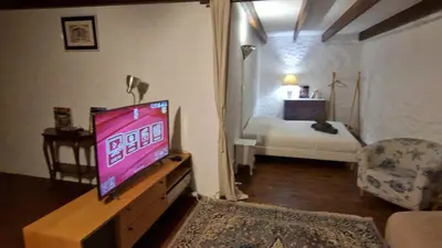 a living room with a tv and a bedroom at Le logis des vendangeurs in Puisserguier