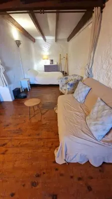 a large room with two beds and a table at Le logis des vendangeurs in Puisserguier
