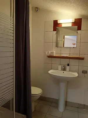 a bathroom with a sink and a toilet and a mirror at apt7 in Castelnaudary