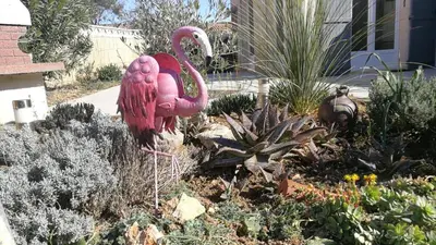 a pink flamingo statue in a garden at Maison proche mer - 5 couchages - ideal planchistes in Lapalme
