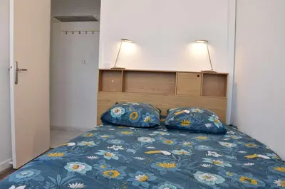 a bedroom with a bed with blue comforter and two pillows at Appartement évasion sur le port de Gruissan - GN380-C67 in Gruissan