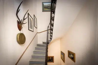 a staircase in a home with art on the wall at Maison du canal du midi in Carcassonne
