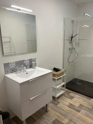 a bathroom with a white sink and a shower at Maison de Village in Lacrouzette