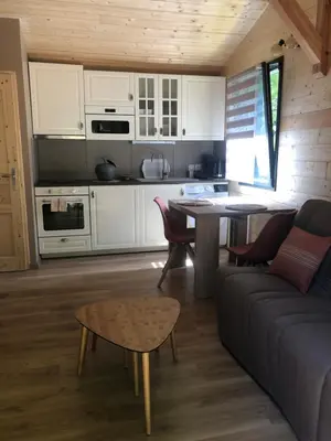 a kitchen and living room with a couch and a table at Le Chalet in Fanjeaux