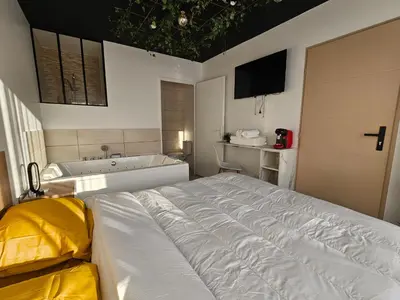 a bedroom with a large bed and a tub at Evasion balneo in Narbonne