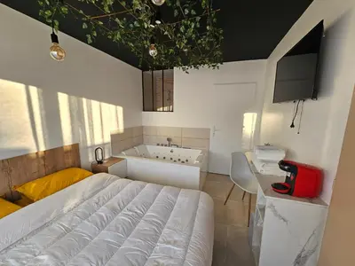 a bedroom with a bed and a tub and a television at Evasion balneo in Narbonne