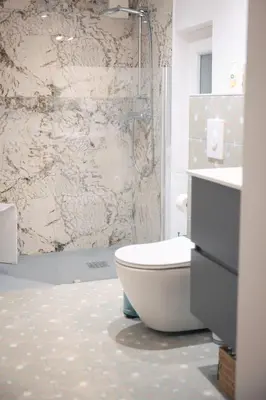 a bathroom with a shower and a toilet and a sink at Le Château de La Seigne près de Carcassonne in Villemoustaussou