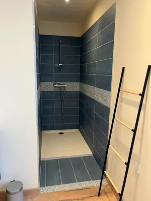 a bathroom with a shower with blue tiles at Charming Master House with Private Pool in Quarante