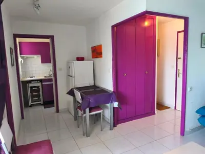a small kitchen with purple cabinets and a sink at Appartement T2 Confortable, 4/5 Pers, Plage Grazel, Parking Privé - FR-1-796-86 in Gruissan