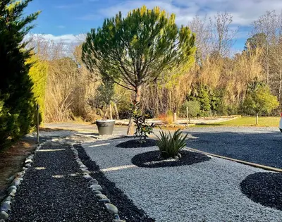 a gravel driveway with a tree in the middle at A l ombre des pods Chardonnay et spa in Saint-Hilaire