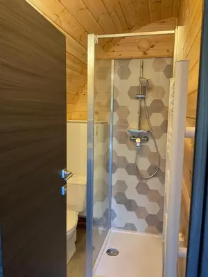 a shower with a glass door in a bathroom at A l ombre des pods Chardonnay et spa in Saint-Hilaire