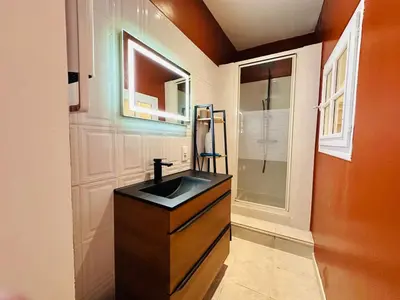 a bathroom with a black sink and a mirror at Le Refuge de Saint-Vincent - T2 Hyper Centre - Proche Gare in Carcassonne