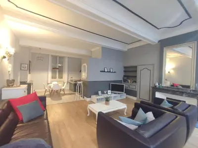 a living room with a couch and a table at Le Chartrand- Centre-ville- Séjour inoubliable! in Carcassonne