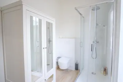 a white bathroom with a shower and a toilet at Maison Charmante au coeur de la circulade-Patio-AB in Bram