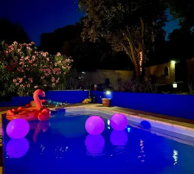 a swimming pool with a swan in the water at night at Carcassonne Lake & Beach, Pool villa in Carcassonne