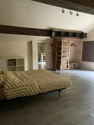 a bedroom with a bed in a room with at Maison viticole dans le Sud de la France avec grand piscine in Moussan