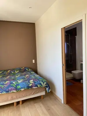 a bedroom with a bed and a bathroom at Maison viticole dans le Sud de la France avec grand piscine in Moussan