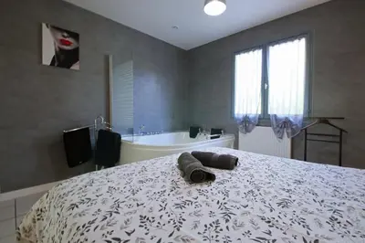 a bedroom with a large bed and a bath tub at Magnifique villa avec piscine in Carcassonne
