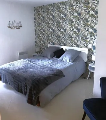 a bedroom with a large bed and a wall at Appartement tout confort climatisé in Gruissan