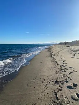 a beach with footprints in the sand and the ocean at Appartement tout confort climatisé in Gruissan