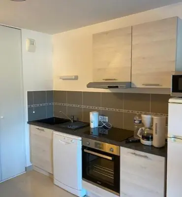 a kitchen with a sink and a stove top oven at Appartement tout confort climatisé in Gruissan