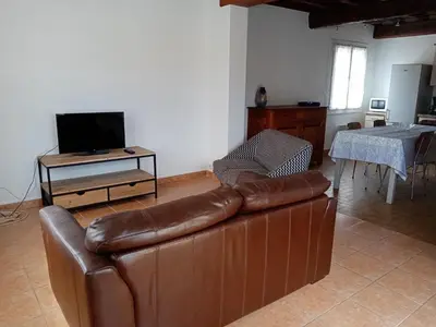 a living room with a brown leather couch and a television at Charmant gîte au coeur des Corbières in Tuchan