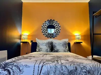 a bedroom with a bed with a mirror on the wall at La tavernne de Balaach Clim Wifi Cozy in Carcassonne