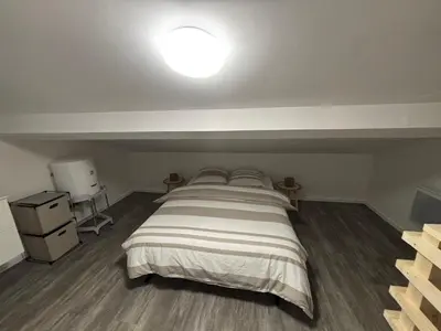 a bedroom with a large bed with a light on the ceiling at Petite maison au calme in Pont-de-Larn