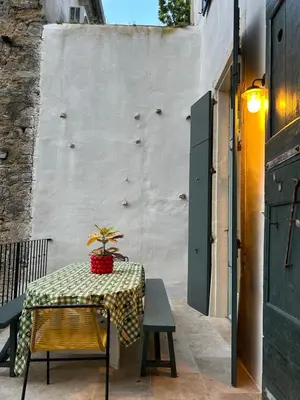 a table with a potted plant on it next to a wall at Maison Hortense Carcassonne in Carcassonne