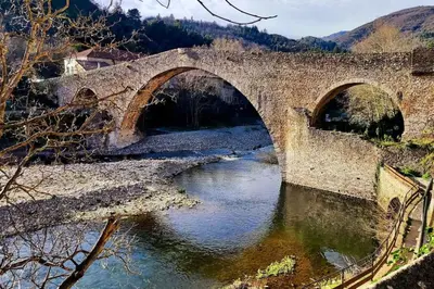 a stone bridge over a river with two entrances at Gite belle vue in Olargues