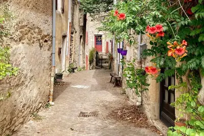 an alley with flowers on the side of a building at Gite belle vue in Olargues