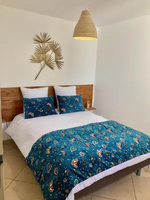 a bedroom with a bed with a blue comforter at Gite belle vue in Olargues