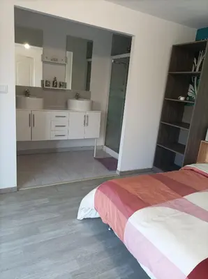a bedroom with a bed and two sinks and a mirror at Chez Sabine la Campagne HAUT in Narbonne