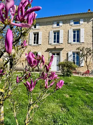 a tree with pink flowers in front of a building at Domaine Riplou - Maison de Campagne avec piscine in Verdun-en-Lauragais
