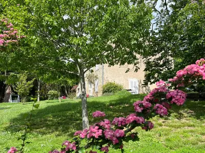 a tree in the middle of a yard with pink flowers at Domaine Riplou - Maison de Campagne avec piscine in Verdun-en-Lauragais