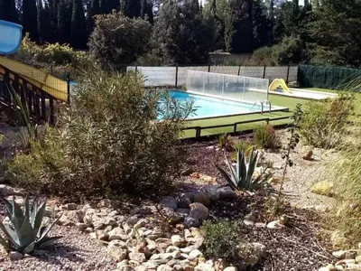 a floor plan of a small yellow house at Camping 3 étoiles - Piscine - ccb0ffa in Fabrezan