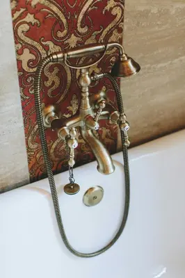 a brass shower faucet on top of a bath tub at Chateau de Paraza in Paraza