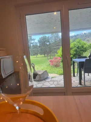 a wine glass sitting on a table in front of a window at Appartement au cœur du golf in Pont-de-Larn