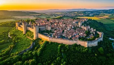 an aerial view of a castle in a city at Villa moderne privée avec piscine, vue montagne 3 chambres in Pennautier