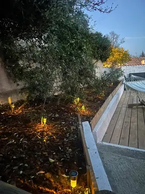 a garden with a tree and a wooden deck at Maison 3 chambres, piscine privée terrain de pétanque in Carcassonne