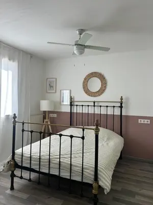 a bedroom with a bed and a ceiling fan at Maison 3 chambres, piscine privée terrain de pétanque in Carcassonne