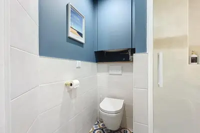 a bathroom with a toilet and a blue wall at Le Saint Just - Appartement face à la Cathédrale in Narbonne