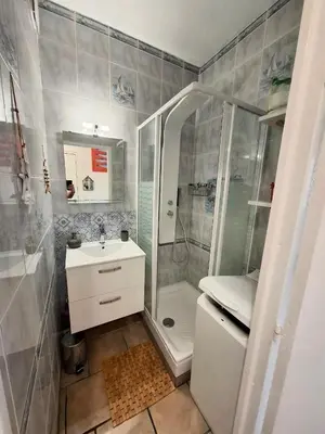 a bathroom with a shower and a sink and a toilet at Rez de jardin climatisé avec grande terrasse in Gruissan