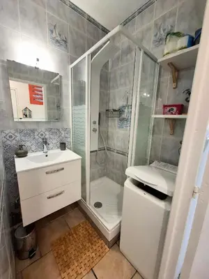 a bathroom with a shower and a toilet and a sink at Rez de jardin climatisé avec grande terrasse in Gruissan
