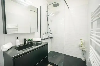 a bathroom with a sink and a shower at Magnifique T3-terrasse-parking-Centre ville-AD in Carcassonne